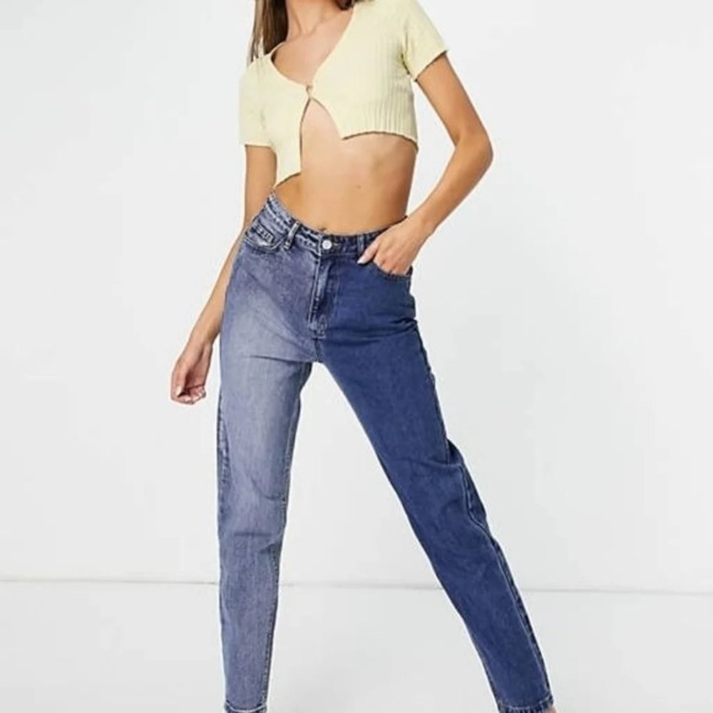NWT ASOS Missguided Tonal Color Block Mom Jeans Denim Highrise Blue Size 4